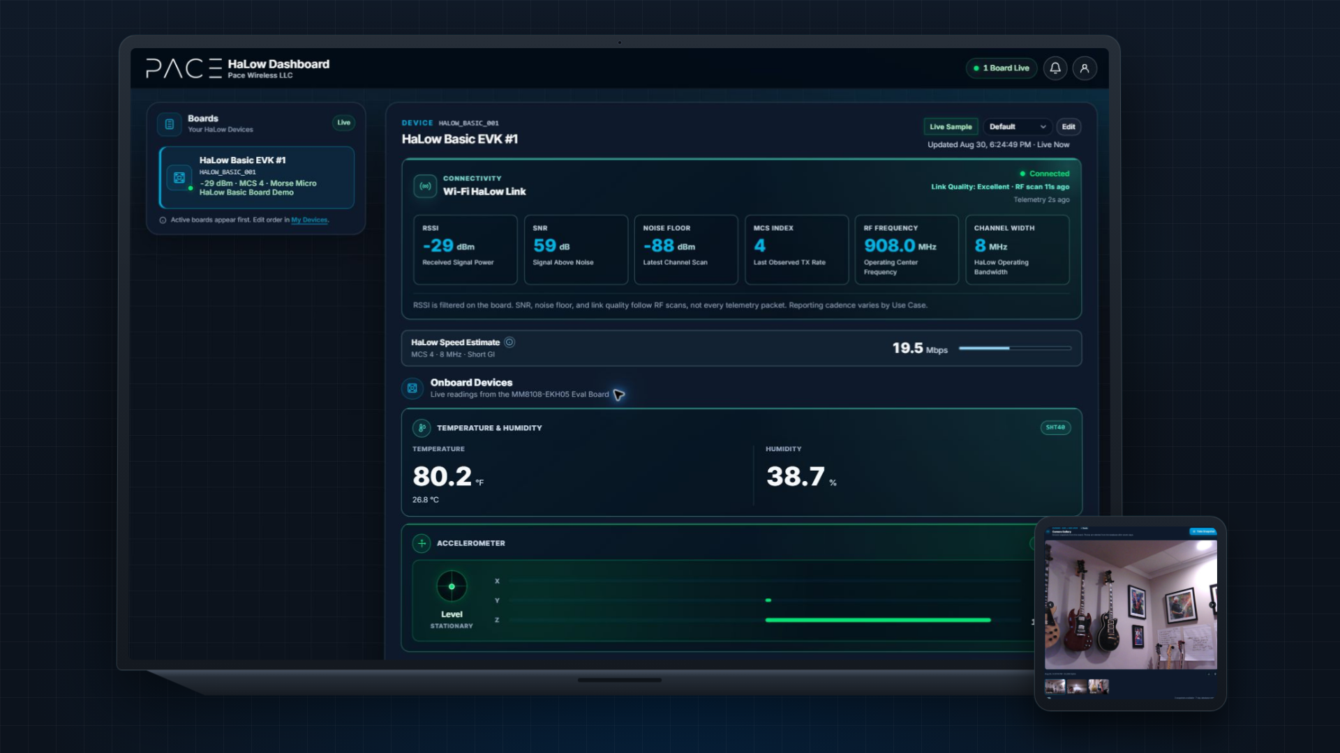 HaLow Dashboard live radio, onboard sensors, and a board photo from the camera gallery